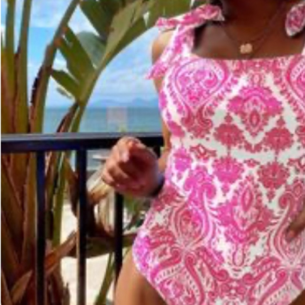 Shein pink tropische print ties on shoulder one piece swimsuit Size L - Picture 14 of 17